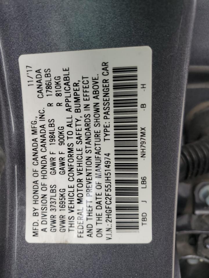 2018 Honda Civic VIN 2HGFC2F55JH514974 Copart auction photo, front end damage thumbnail 14