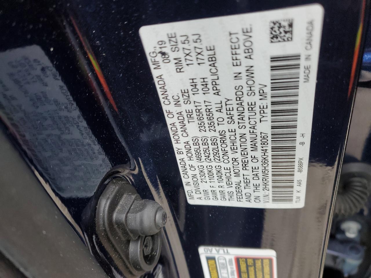 2019 Honda CR-V VIN 2HKRW5H36KH418067 Copart auction photo, front end damage thumbnail 13