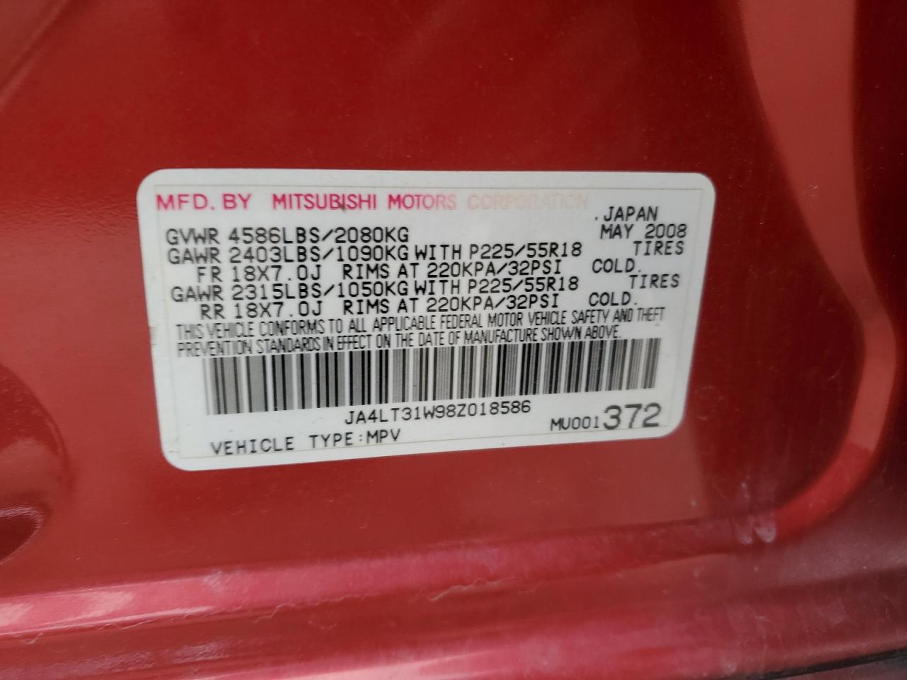2008 Mitsubishi Outlander VIN JA4LT31W98Z018586 Copart auction photo, front end / side damage thumbnail 13