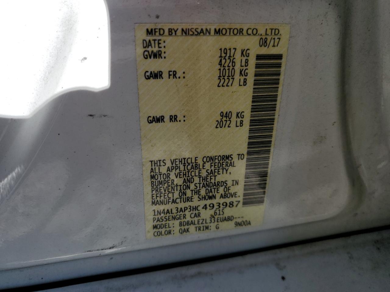 2017 Nissan Altima VIN 1N4AL3AP3HC493987 Copart auction photo, rollover damage thumbnail 12