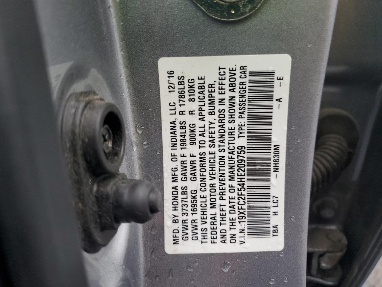 2017 Honda Civic VIN 19XFC2F54HE209759 Copart auction photo, front end damage thumbnail 12