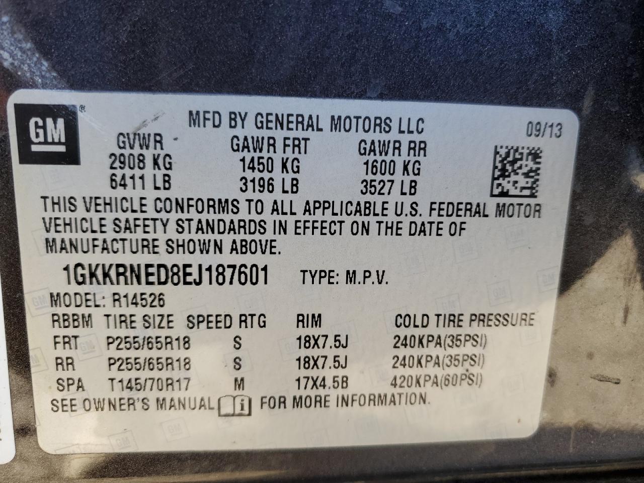 2014 GMC Acadia VIN 1GKKRNED8EJ187601 Copart auction photo, front end damage thumbnail 14