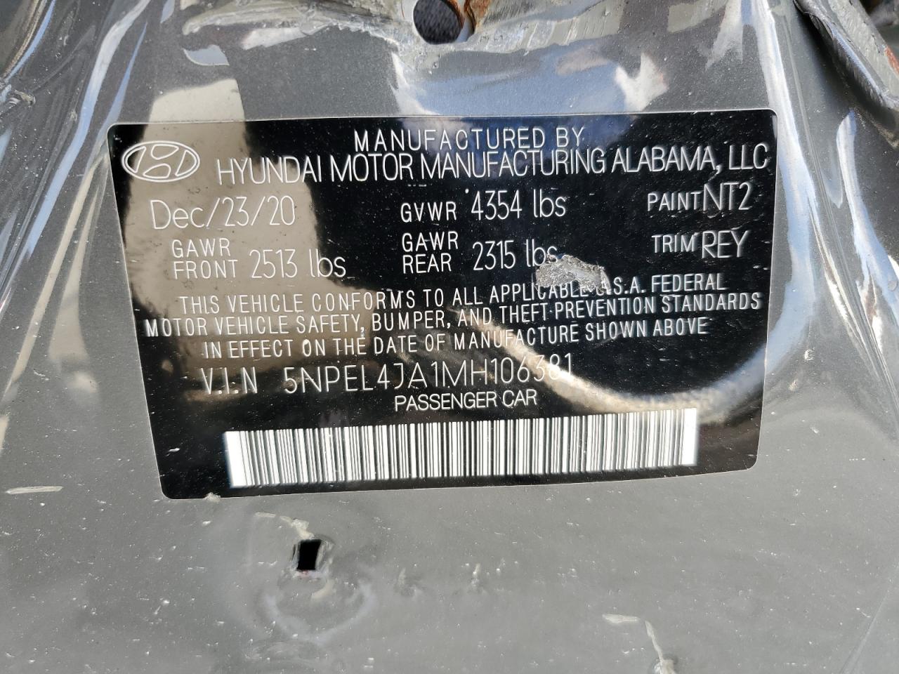 2021 Hyundai Sonata VIN 5NPEL4JA1MH106381 Copart auction photo, all over / rollover damage thumbnail 13