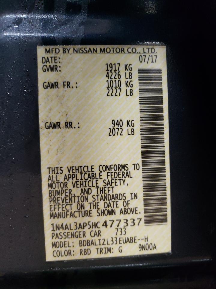 2017 Nissan Altima VIN 1N4AL3AP5HC477337 Copart auction photo, rear end / front end damage thumbnail 13
