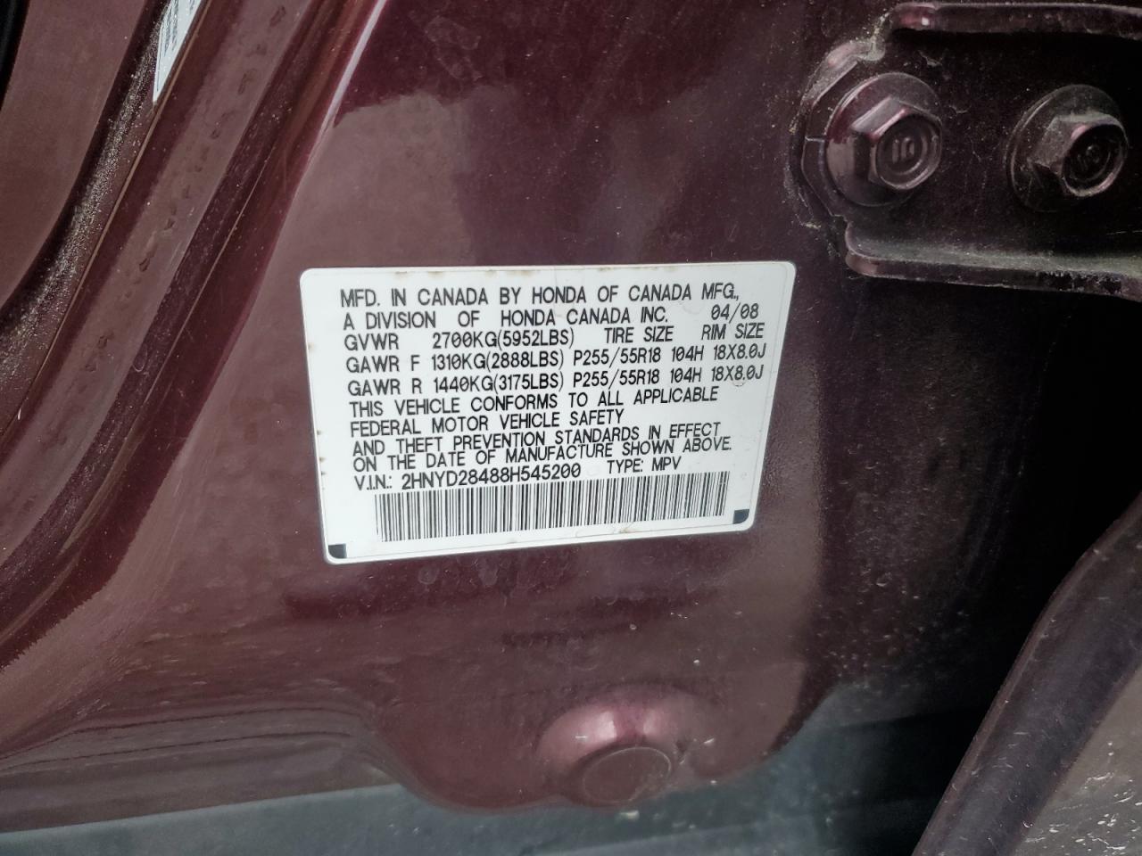 2008 Acura MDX VIN 2HNYD28488H545200 Copart auction photo, mechanical / rear end damage thumbnail 13