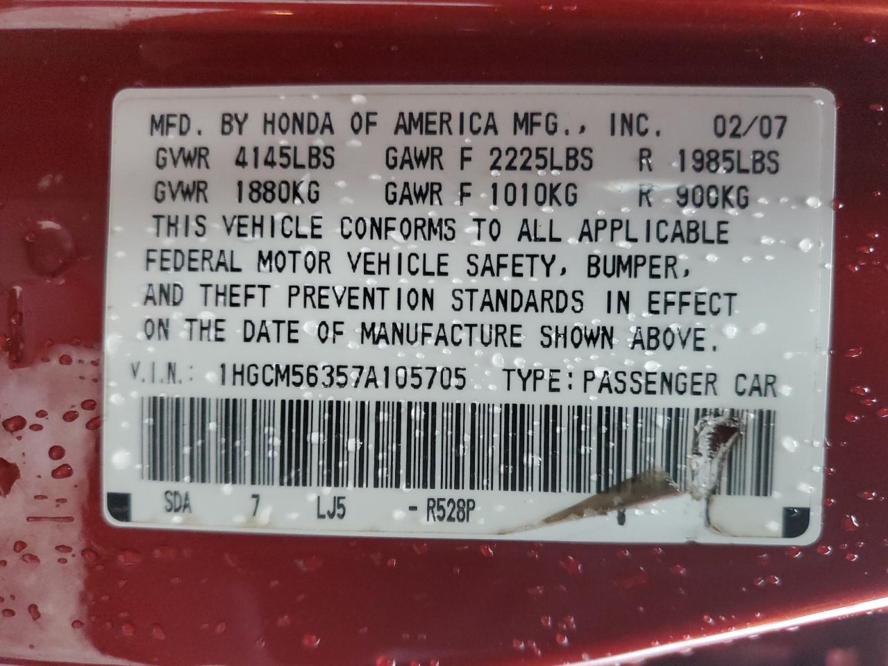 2007 Honda Accord VIN 1HGCM56357A105705 Copart auction photo, rear end damage thumbnail 13