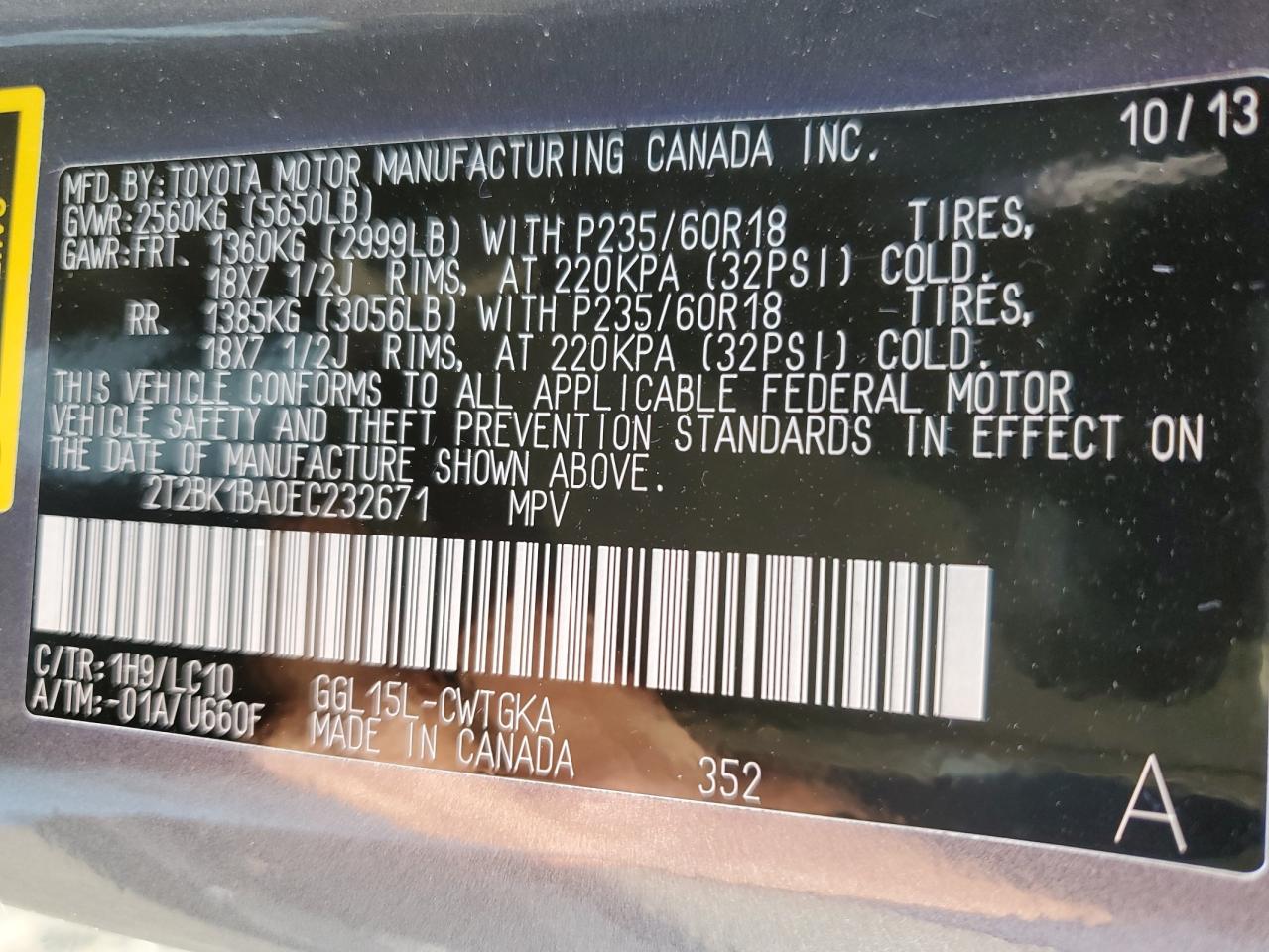 2014 Lexus RX VIN 2T2BK1BA0EC232671 Copart auction photo, front end / minor dent/scratches damage thumbnail 12