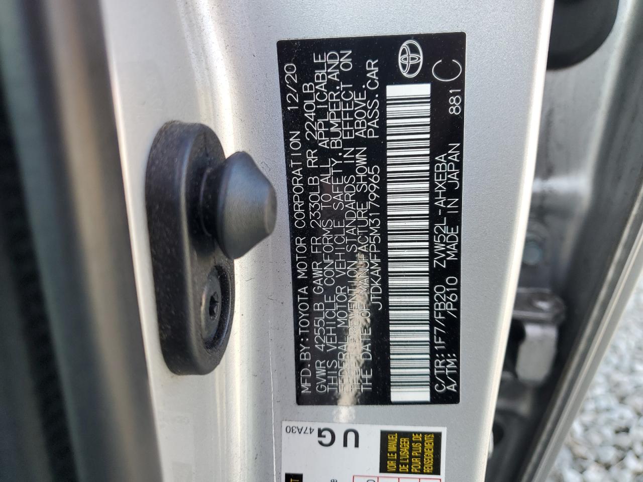 2021 Toyota Prius VIN JTDKAMFP5M3179965 Copart auction photo, front end / rear end damage thumbnail 13