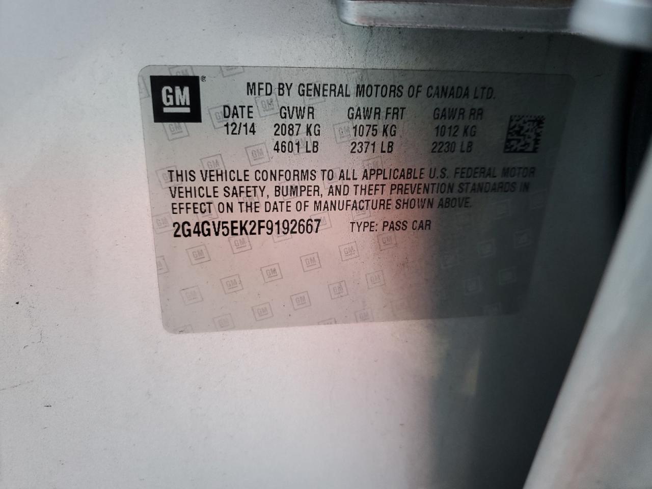2015 Buick Regal VIN 2G4GV5EK2F9192667 Copart auction photo, all over damage thumbnail 12