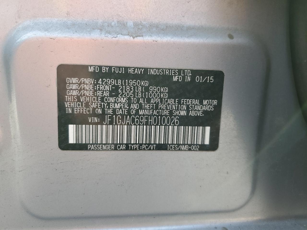 2015 Subaru Impreza VIN JF1GJAC69FH010026 Copart auction photo, front end damage thumbnail 14