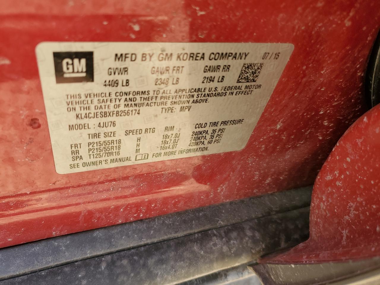 2015 Buick Encore VIN KL4CJESBXFB256174 Copart auction photo, front end damage thumbnail 14