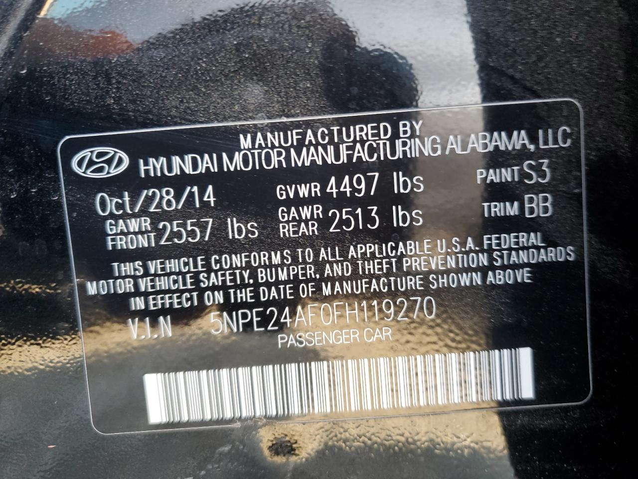 2015 Hyundai Sonata VIN 5NPE24AF0FH119270 Copart auction photo, rear end / side damage thumbnail 12