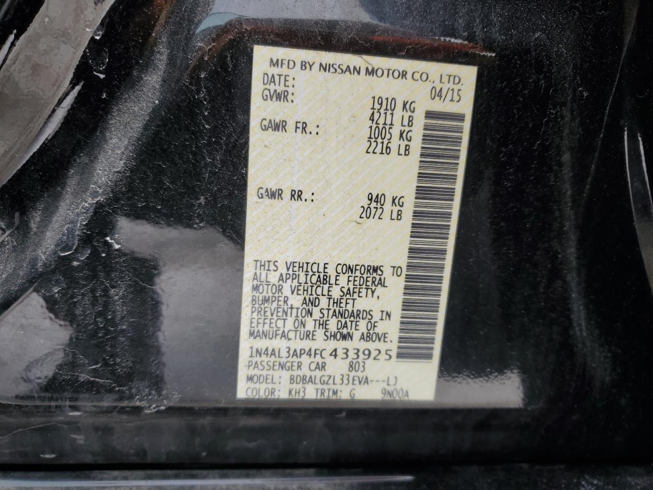2015 Nissan Altima VIN 1N4AL3AP4FC433925 Copart auction photo, front end / side damage thumbnail 13