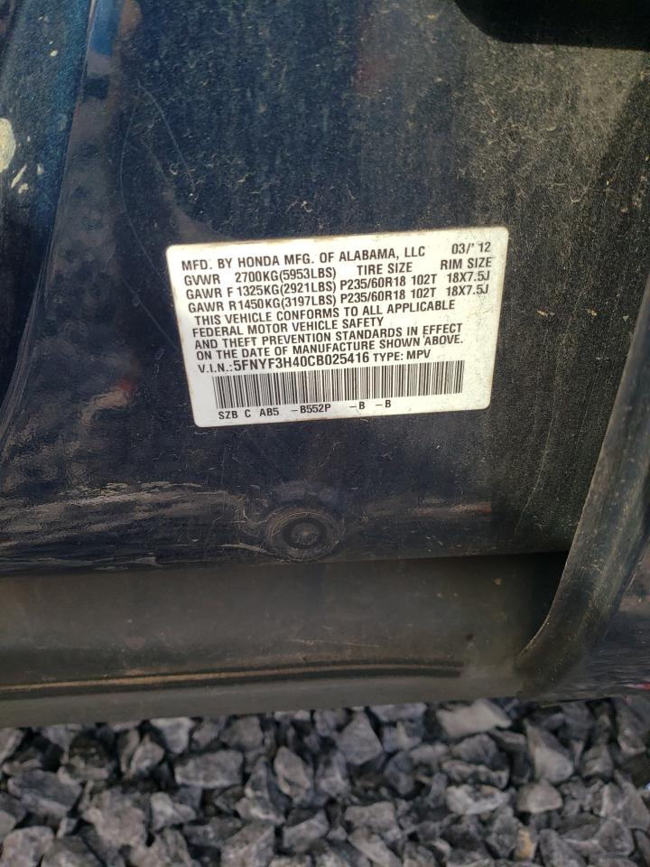 2012 Honda Pilot VIN 5FNYF3H40CB025416 Copart auction photo, undercarriage damage thumbnail 13