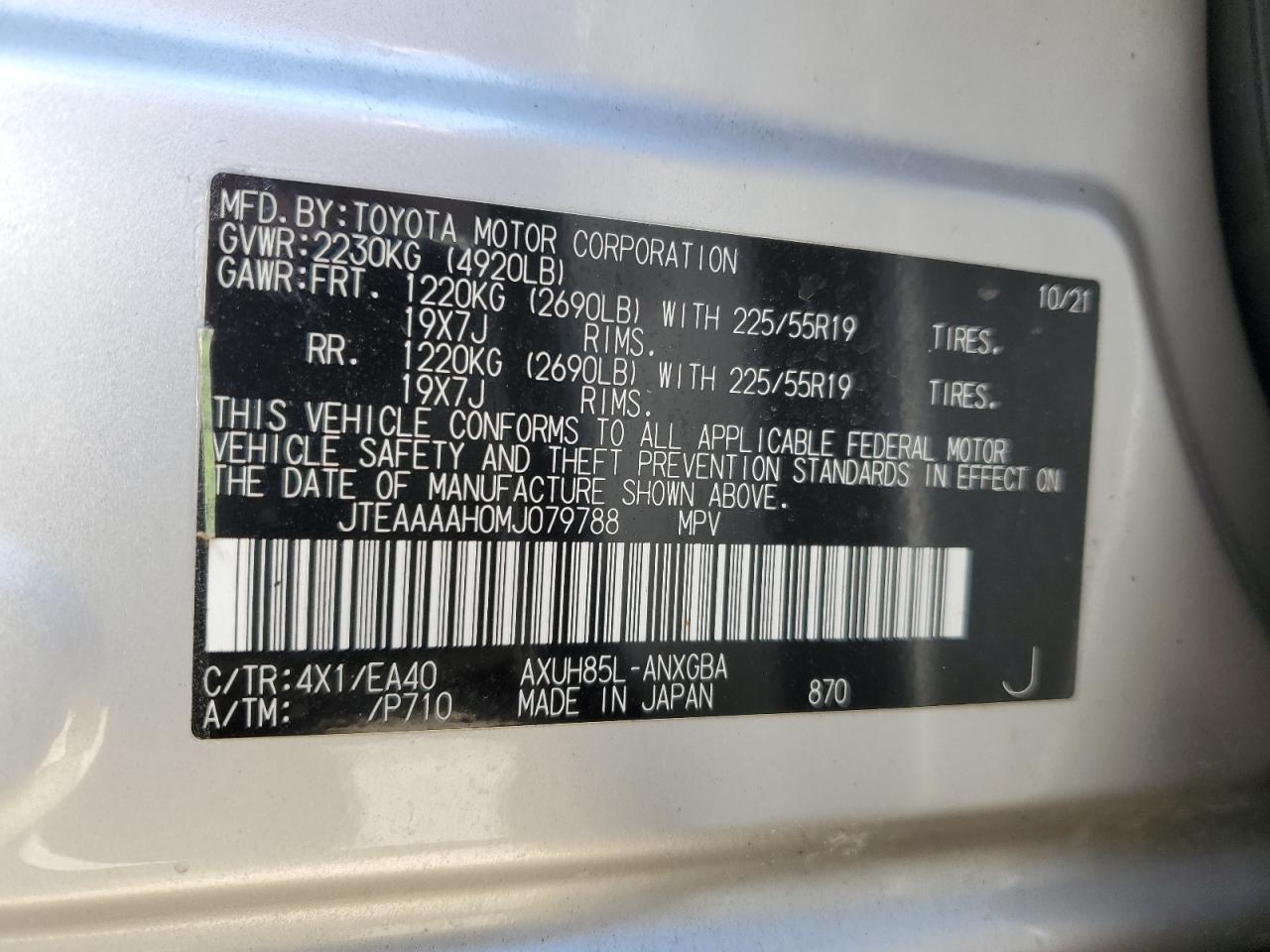 2021 Toyota Venza VIN JTEAAAAH0MJ079788 Copart auction photo, front end / minor dent/scratches damage thumbnail 13
