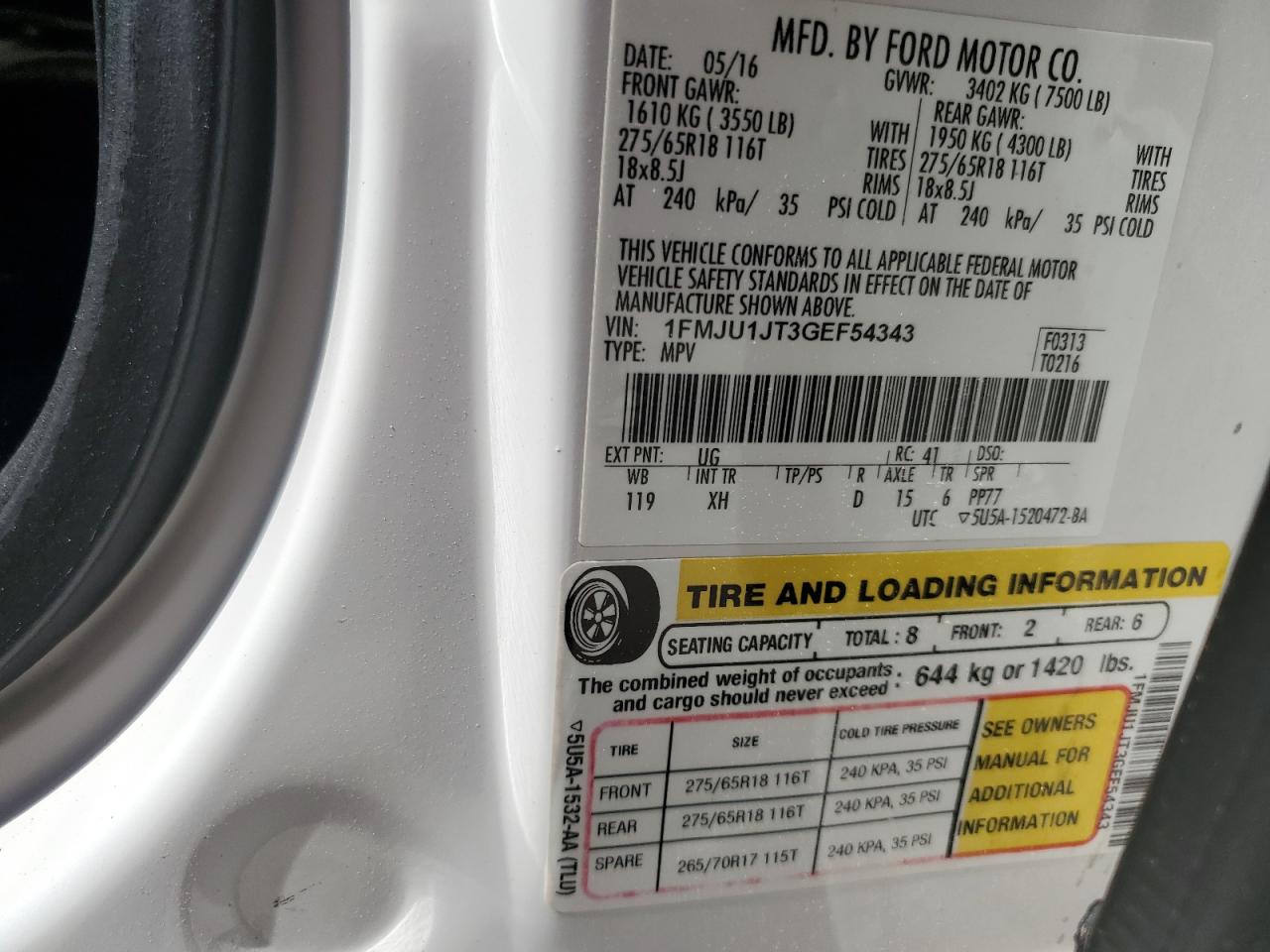 2016 Ford Expedition VIN 1FMJU1JT3GEF54343 Copart auction photo, front end / minor dent/scratches damage thumbnail 13