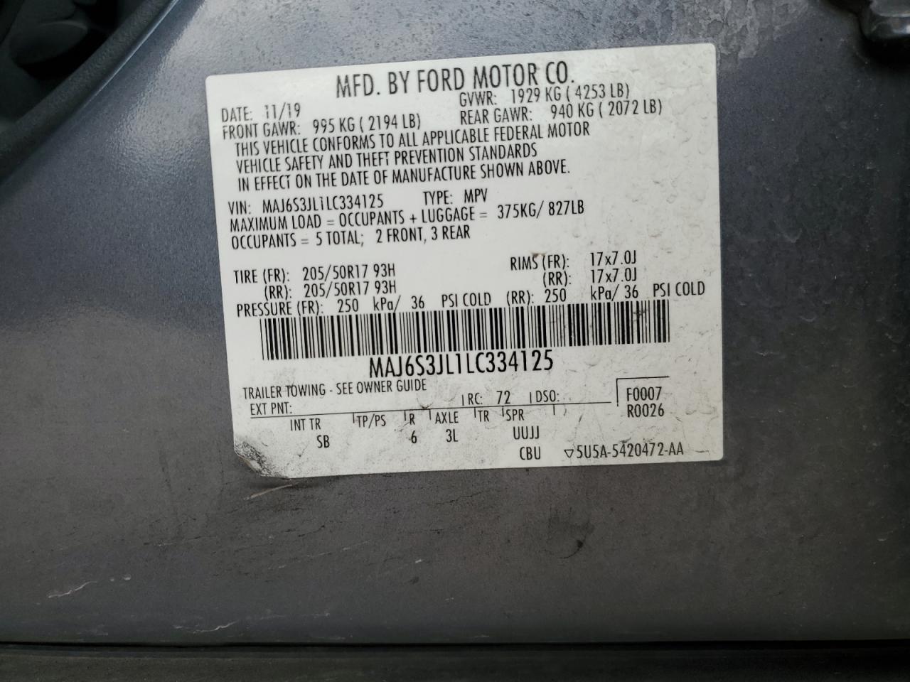 2020 Ford EcoSport VIN MAJ6S3JL1LC334125 Copart auction photo, rear end damage thumbnail 13