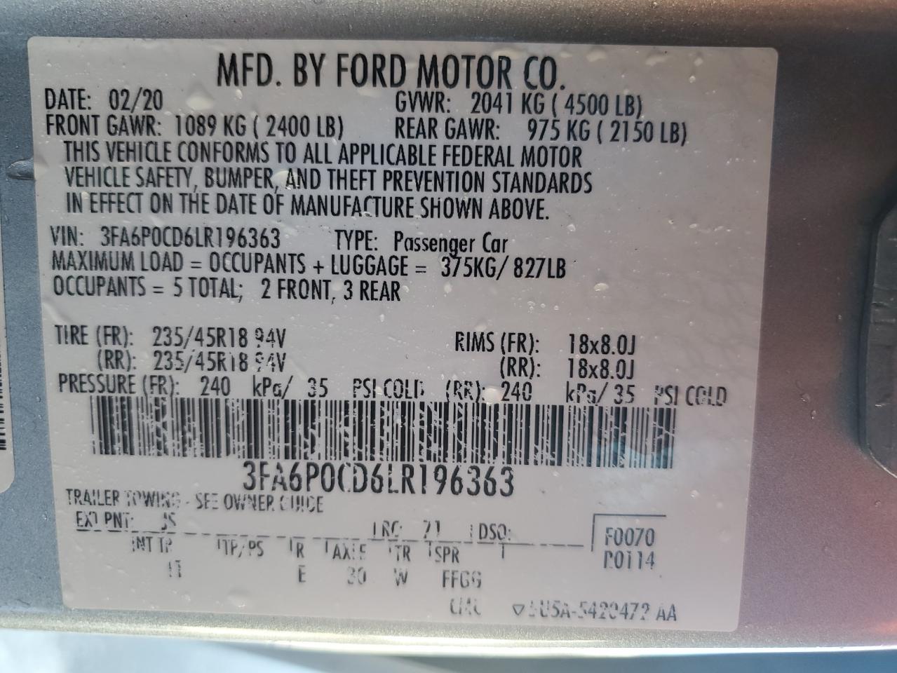 2020 Ford Fusion VIN 3FA6P0CD6LR196363 Copart auction photo, side / front end damage thumbnail 13