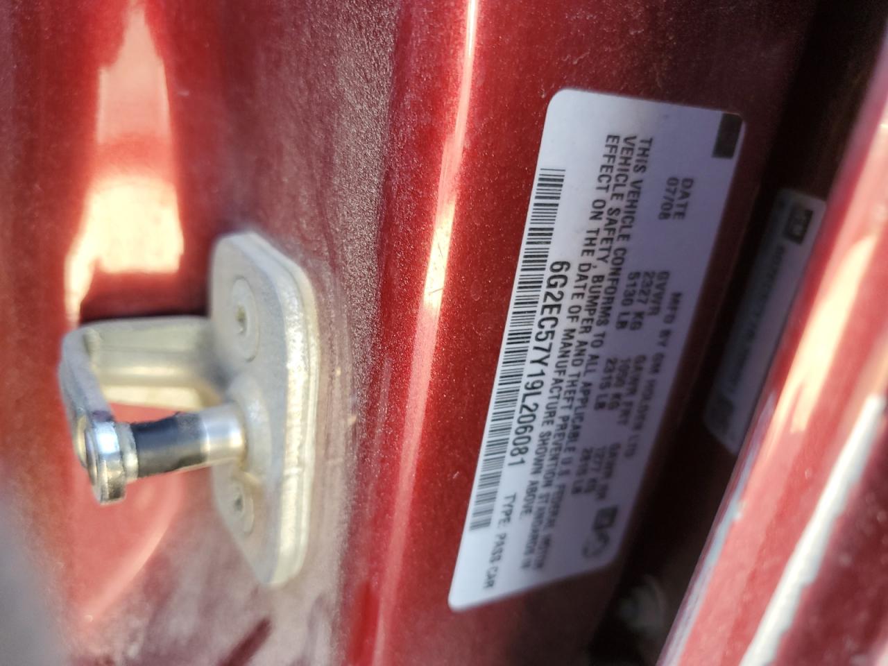 2009 Pontiac G8 VIN 6G2EC57Y19L206081 Copart auction photo, side / front end damage thumbnail 14