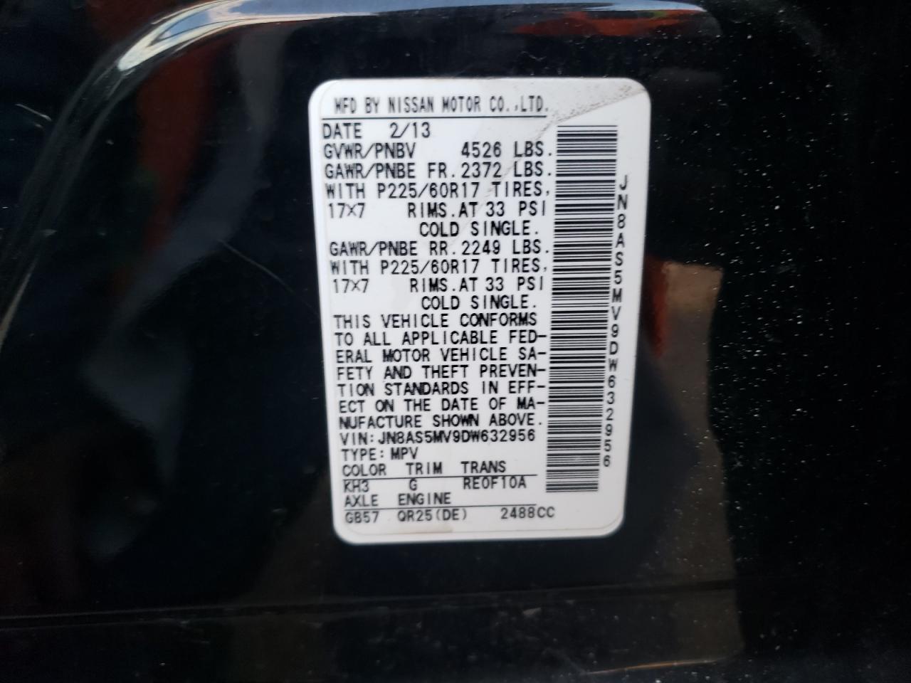 2013 Nissan Rogue VIN JN8AS5MV9DW632956 Copart auction photo, front end damage thumbnail 13