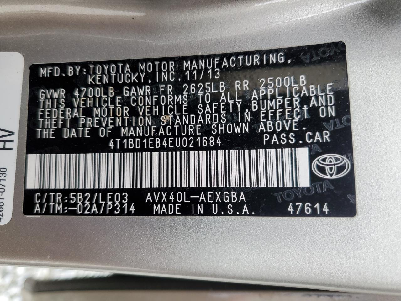 2014 Toyota Avalon VIN 4T1BD1EB4EU021684 Copart auction photo, all over damage thumbnail 12