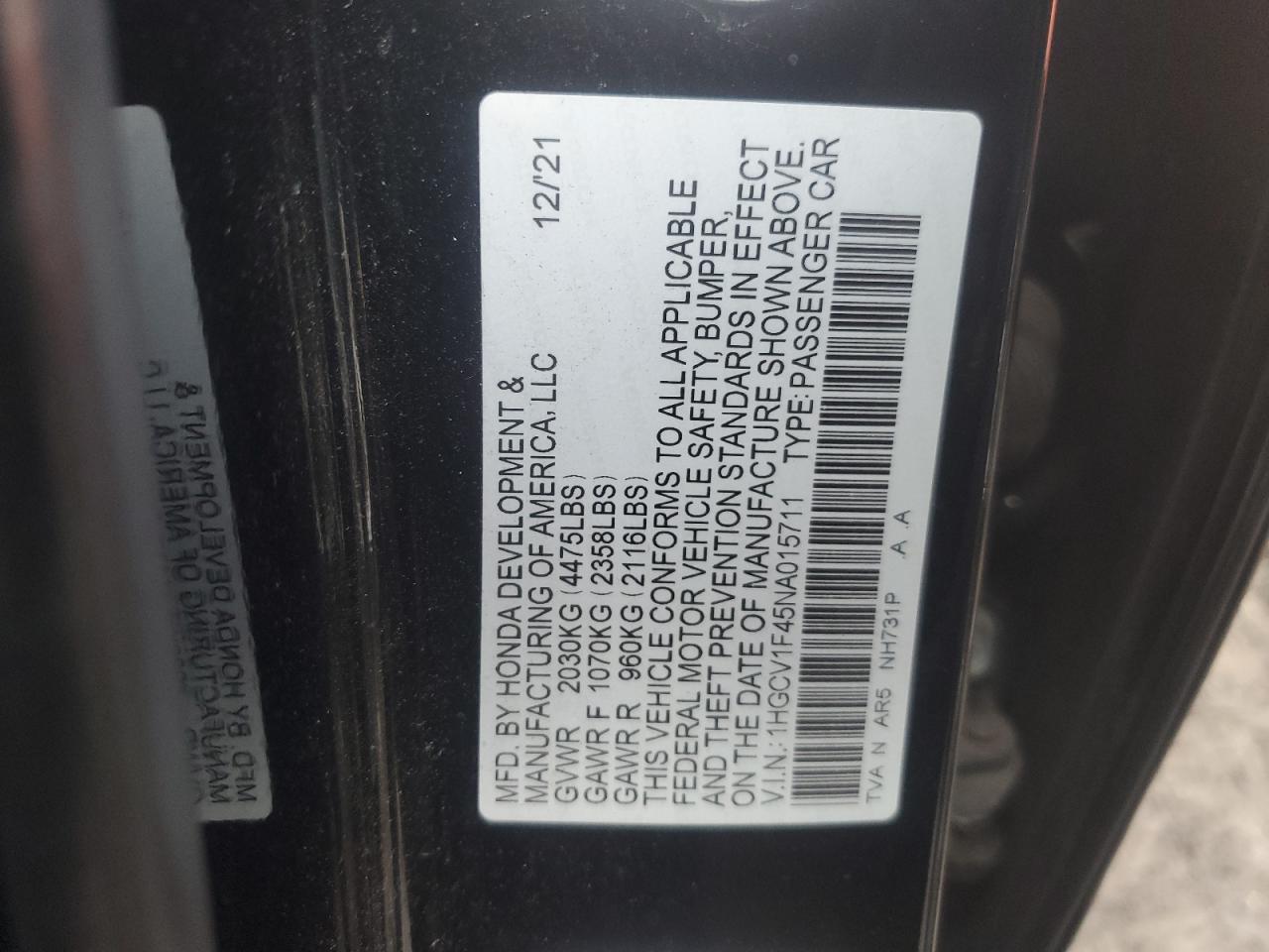 2022 Honda Accord VIN 1HGCV1F45NA015711 Copart auction photo, all over damage thumbnail 14