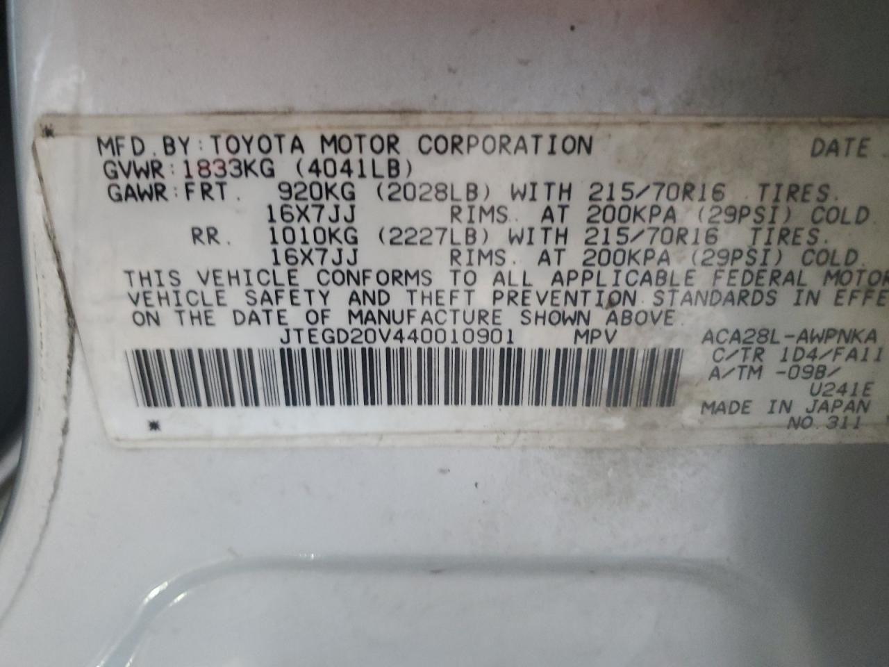 2004 Toyota RAV 4 VIN JTEGD20V440010901 Copart auction photo, side / front end damage thumbnail 13