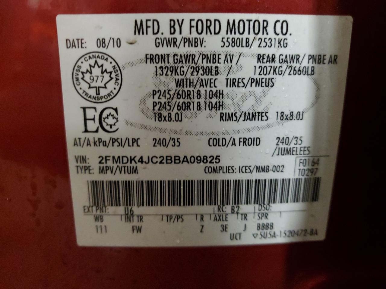 2011 Ford Edge VIN 2FMDK4JC2BBA09825 Copart auction photo, front end damage thumbnail 13