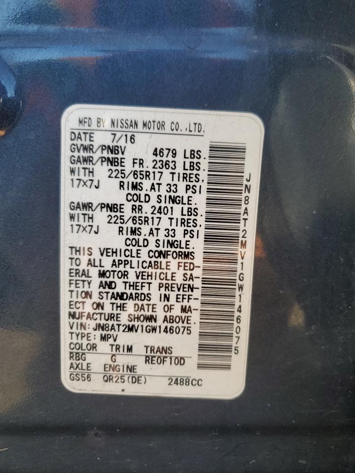 2016 Nissan Rogue VIN JN8AT2MV1GW146075 Copart auction photo, rear end damage thumbnail 14