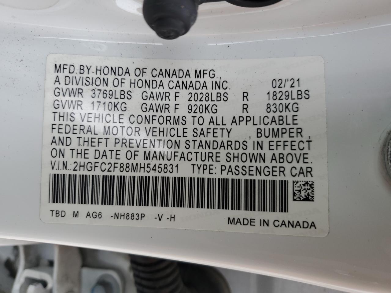 2021 Honda Civic VIN 2HGFC2F88MH545831 Copart auction photo, front end damage thumbnail 12