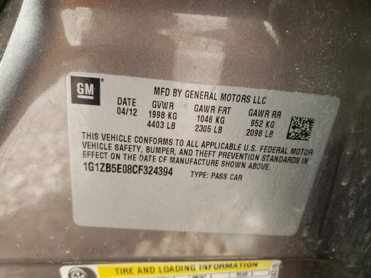 2012 Chevrolet Malibu VIN 1G1ZB5E08CF324394 Copart auction photo, front end damage thumbnail 14