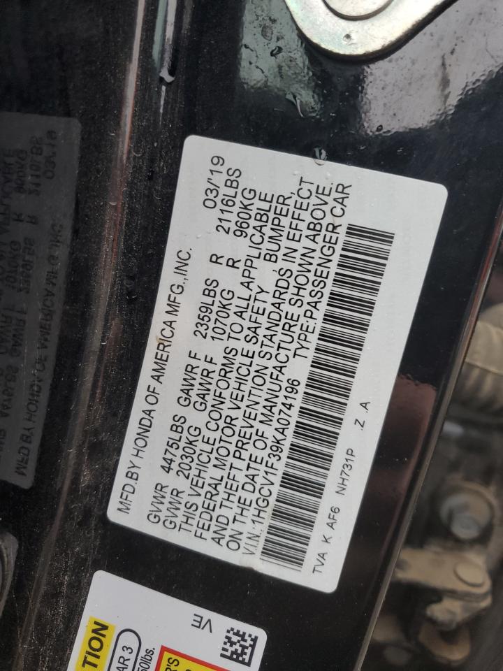 2019 Honda Accord VIN 1HGCV1F39KA074196 Copart auction photo, front end / minor dent/scratches damage thumbnail 14