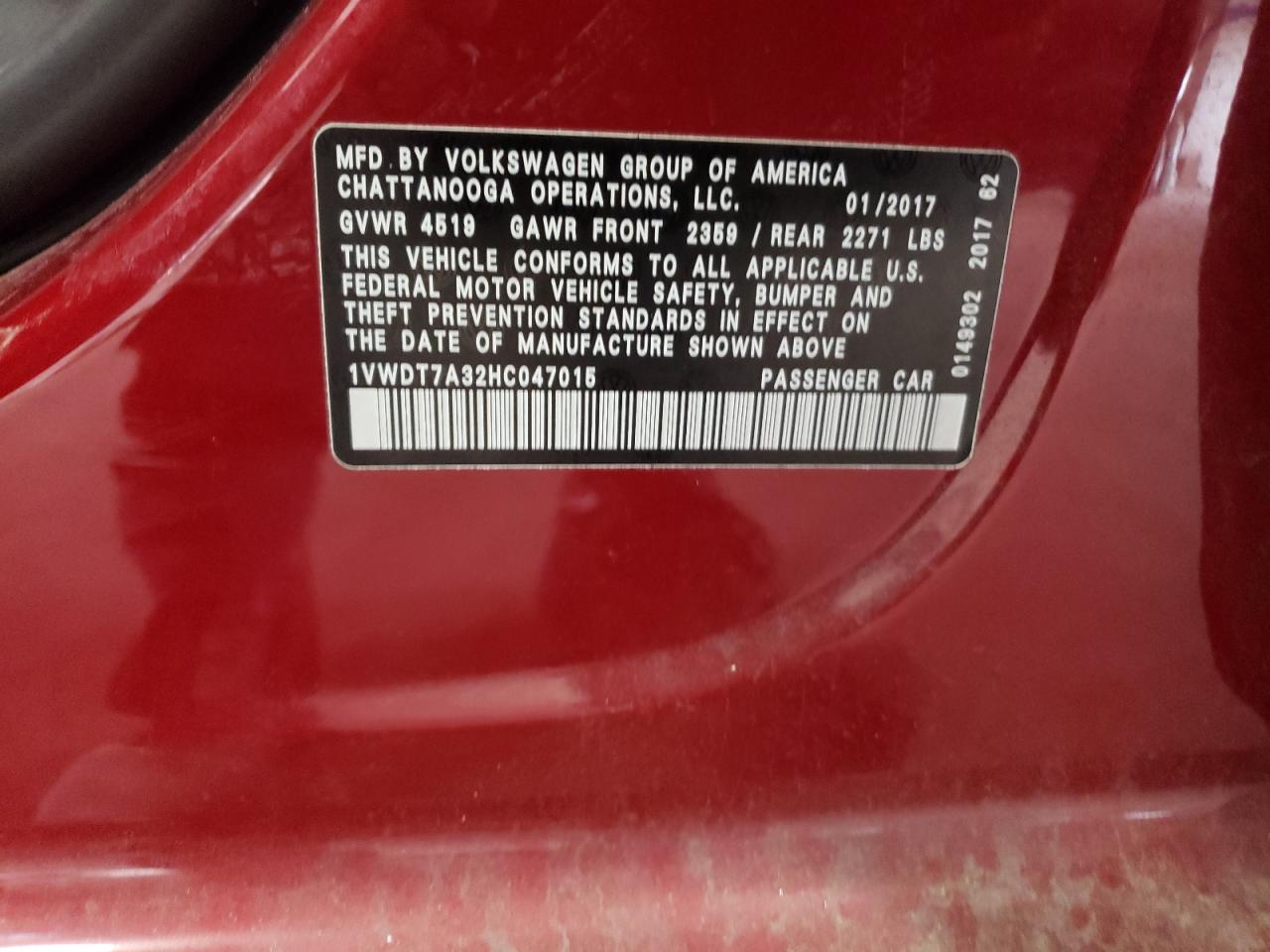 2017 Volkswagen Passat VIN 1VWDT7A32HC047015 Copart auction photo, front end damage thumbnail 12