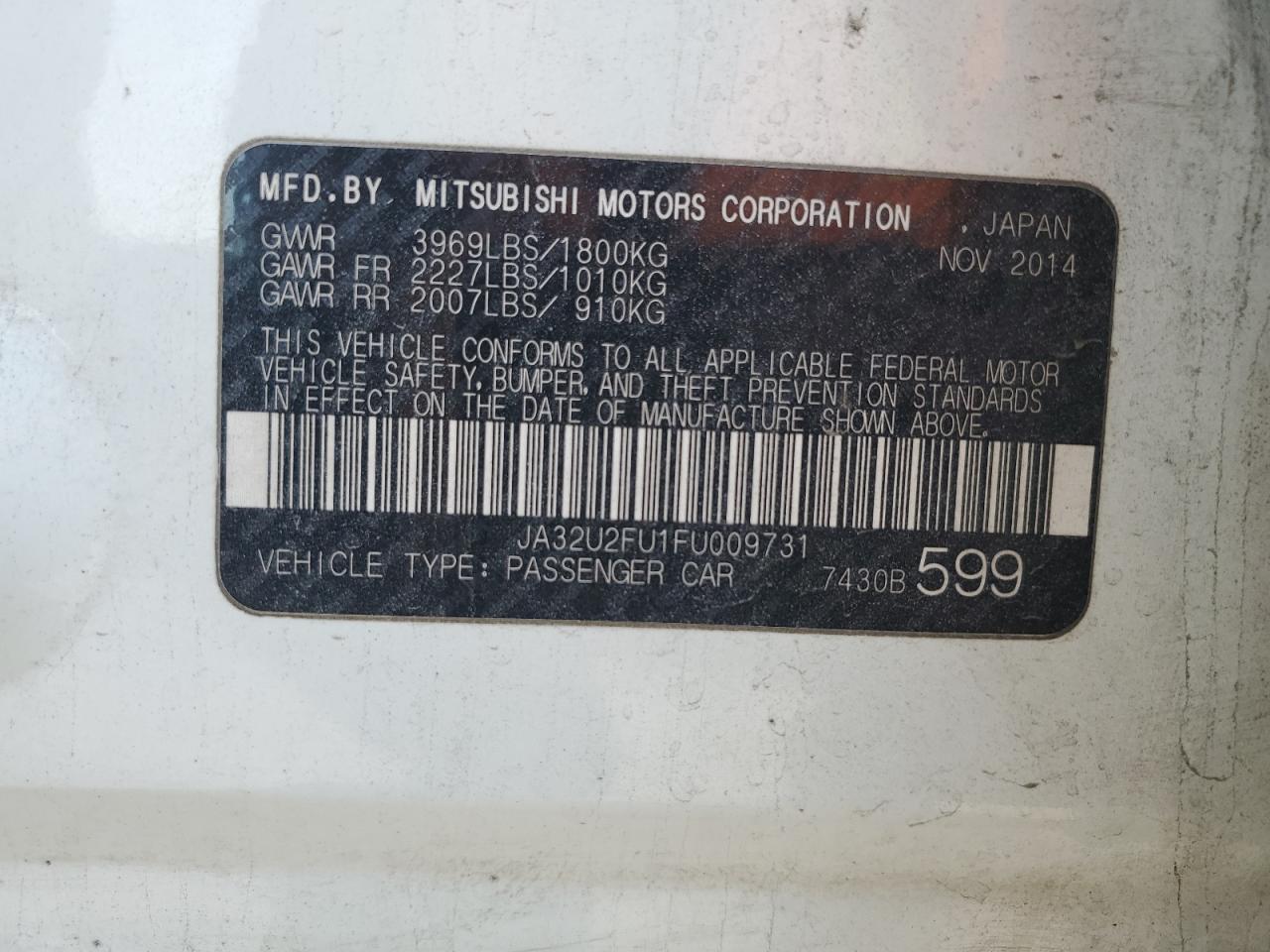 2015 Mitsubishi Lancer VIN JA32U2FU1FU009731 Copart auction photo, burn / front end damage thumbnail 12