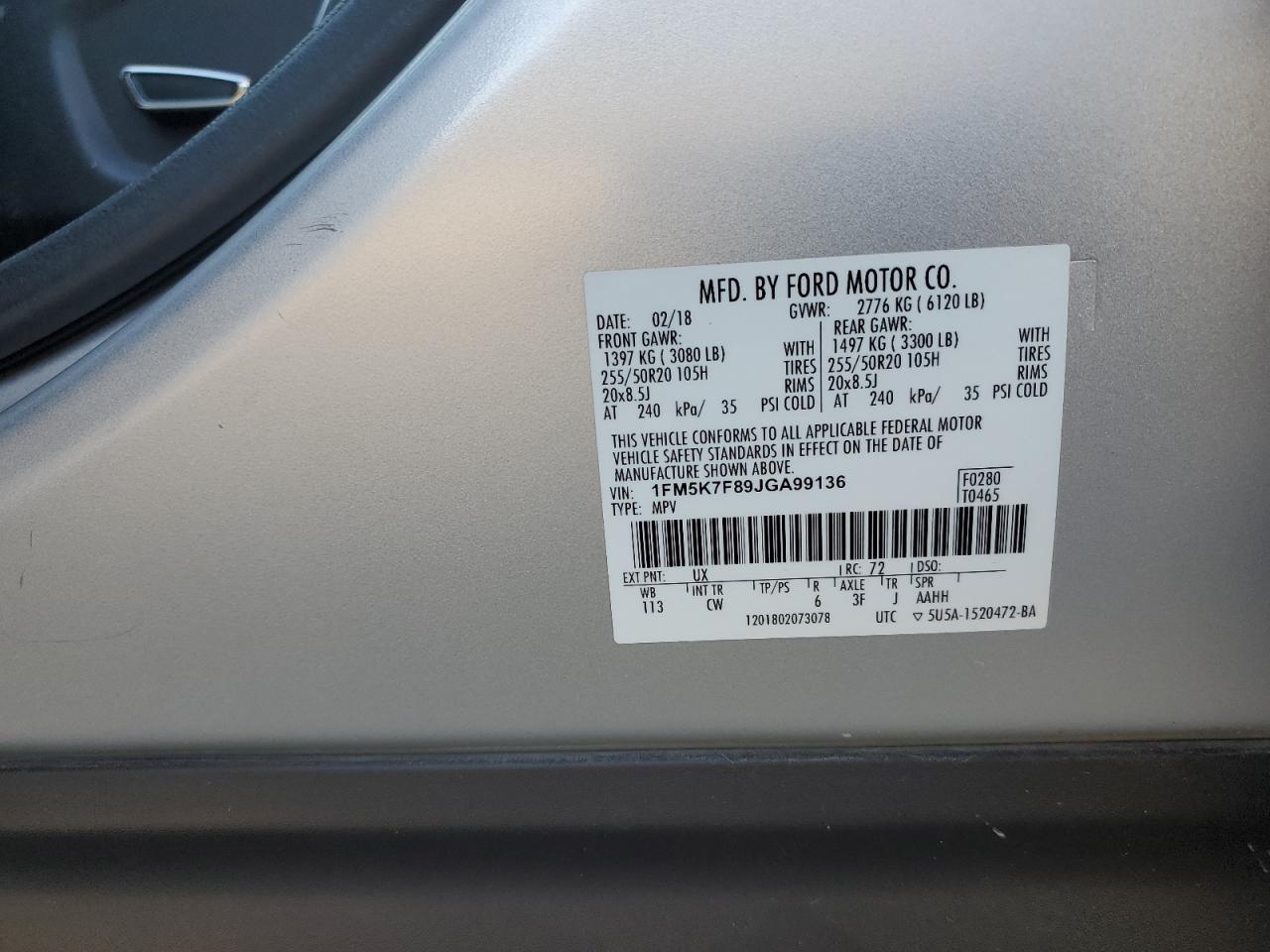 2018 Ford Explorer VIN 1FM5K7F89JGA99136 Copart auction photo, rear end / side damage thumbnail 13