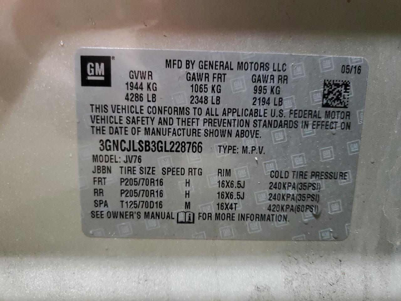 2016 Chevrolet Trax VIN 3GNCJLSB3GL228766 Copart auction photo, normal wear damage thumbnail 13