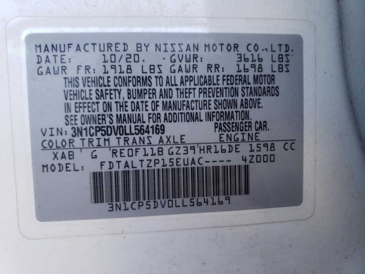 2020 Nissan Kicks VIN 3N1CP5DV0LL564169 Copart auction photo, mechanical damage thumbnail 12