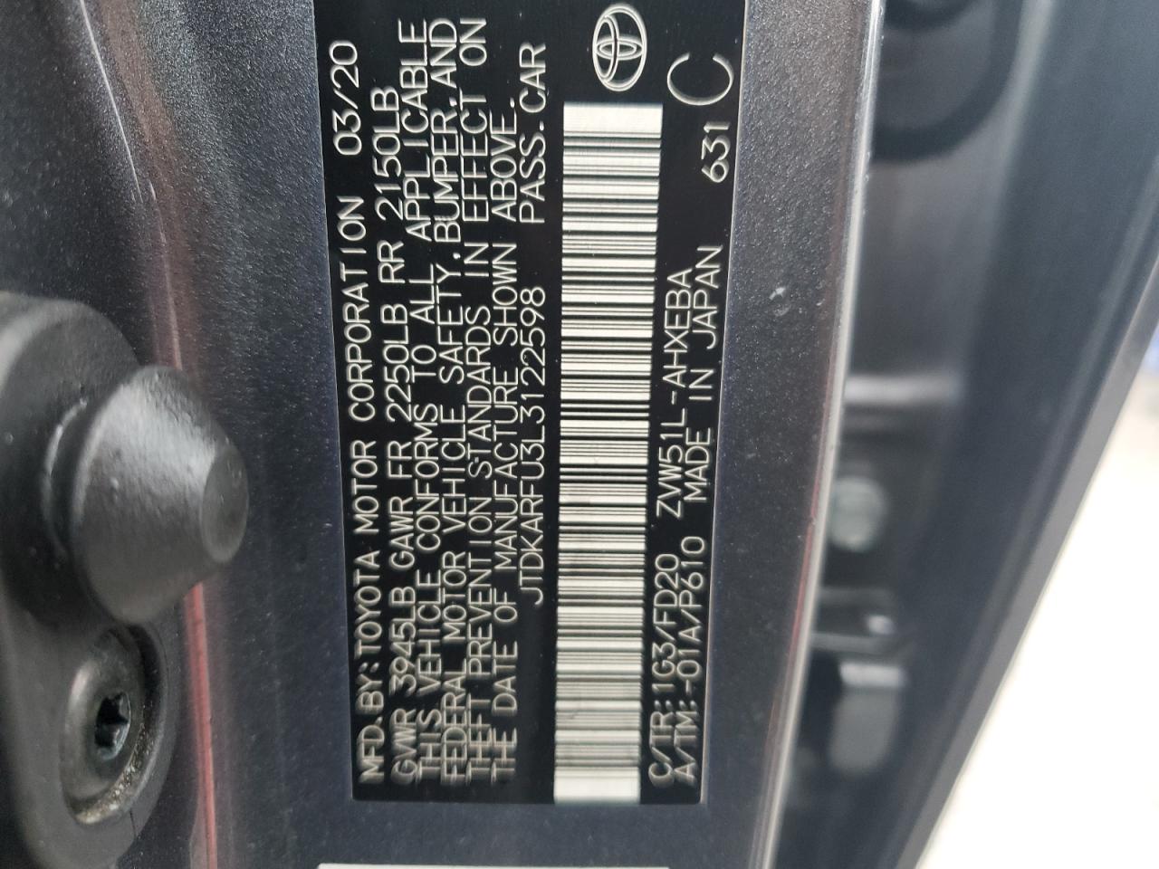 2020 Toyota Prius VIN JTDKARFU3L3122598 Copart auction photo, side / front end damage thumbnail 14