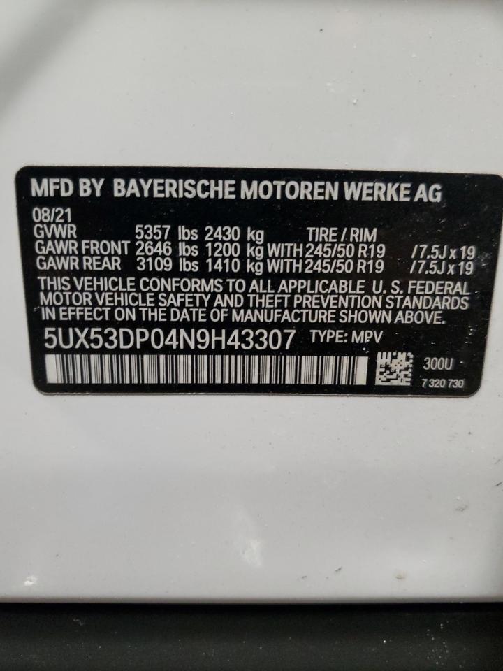 2022 BMW X3 VIN 5UX53DP04N9H43307 Copart auction photo, front end / undercarriage damage thumbnail 13