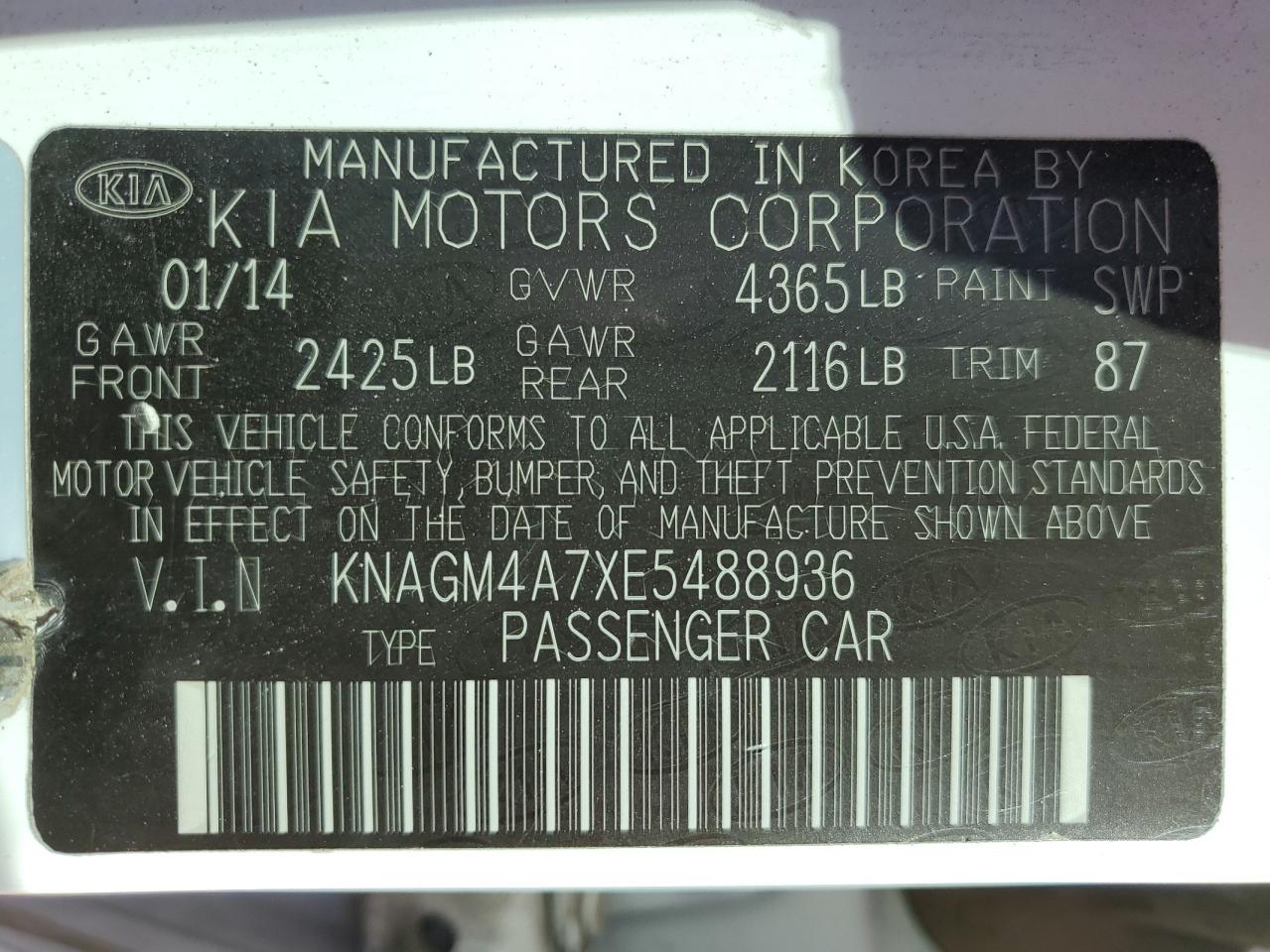 2014 KIA Optima VIN KNAGM4A7XE5488936 Copart auction photo, front end damage thumbnail 13