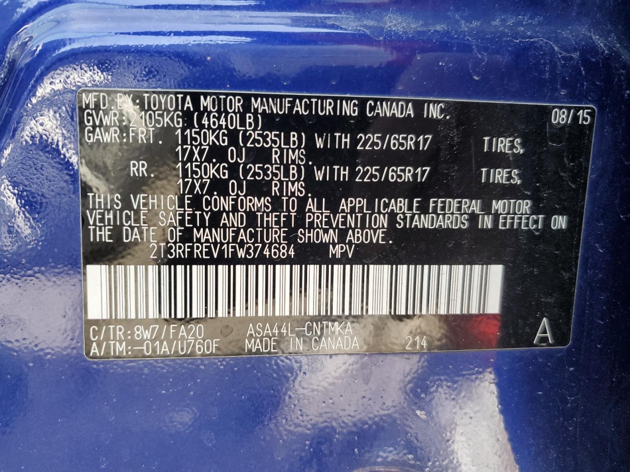 2015 Toyota RAV 4 VIN 2T3RFREV1FW374684 Copart auction photo, front end damage thumbnail 13