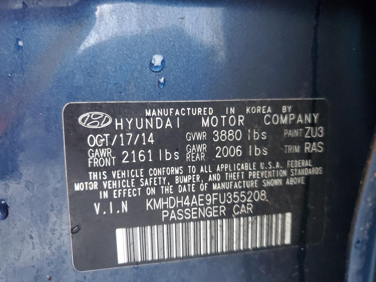 2015 Hyundai Elantra VIN KMHDH4AE9FU355208 Copart auction photo, front end damage thumbnail 12