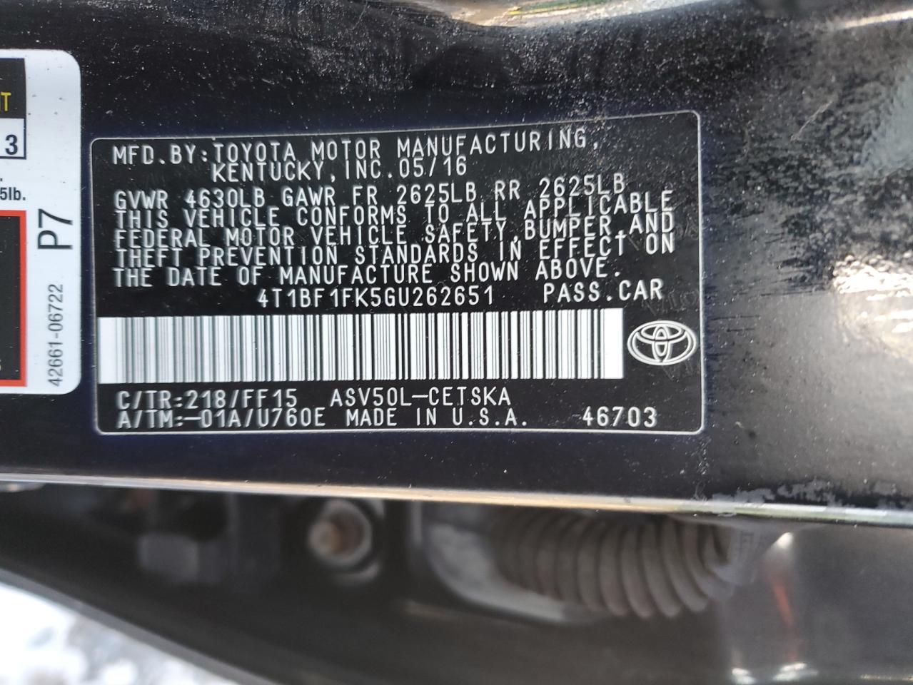 2016 Toyota Camry VIN 4T1BF1FK5GU262651 Copart auction photo, front end damage thumbnail 13