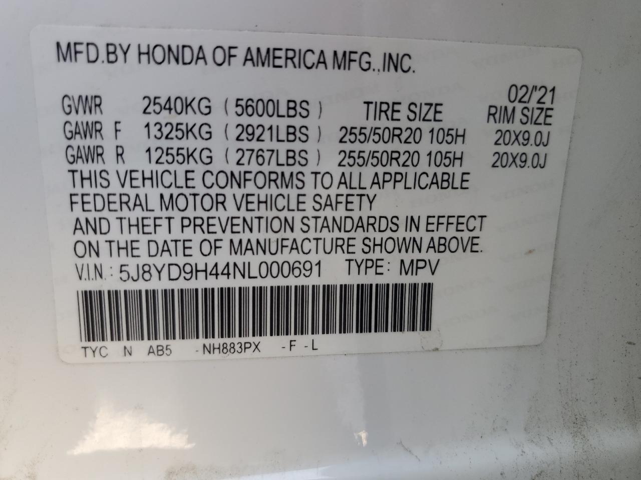 2022 Acura MDX VIN 5J8YD9H44NL000691 Copart auction photo, side damage thumbnail 15