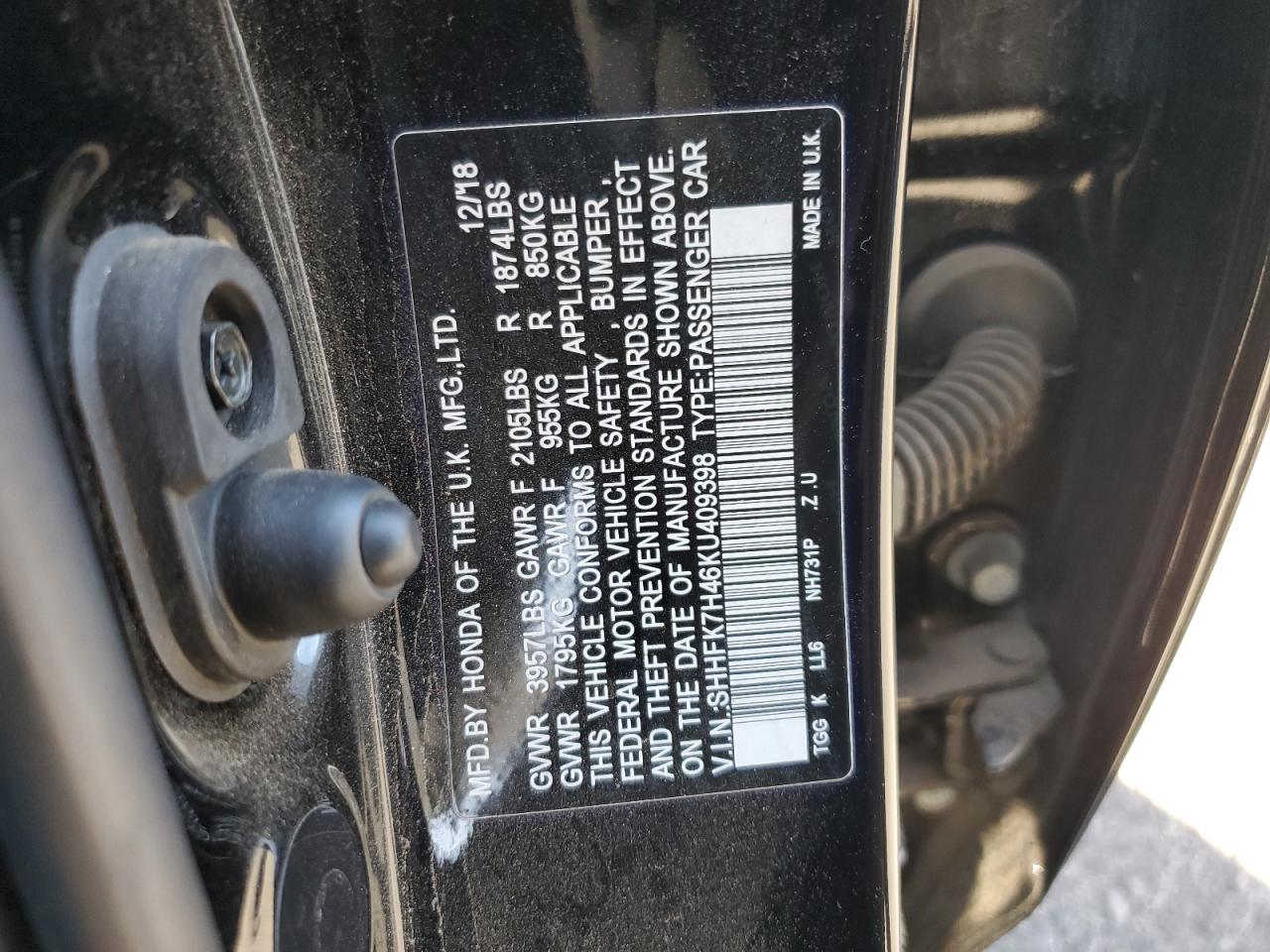2019 Honda Civic VIN SHHFK7H46KU409398 Copart auction photo, rear end damage thumbnail 14