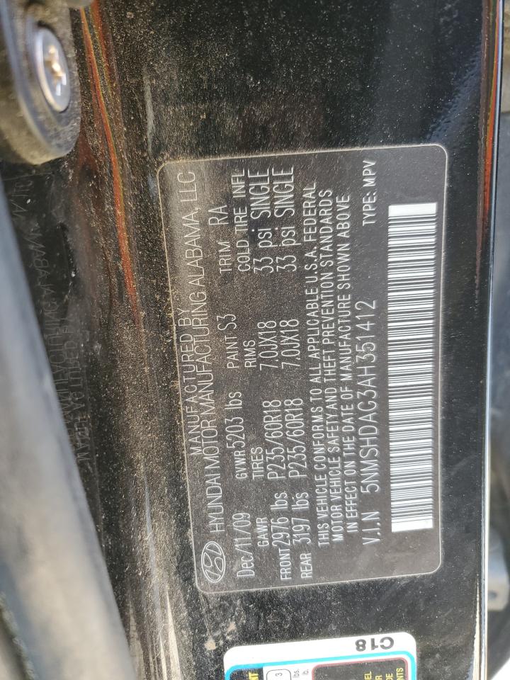2010 Hyundai Santa Fe VIN 5NMSHDAG3AH351412 Copart auction photo, front end / minor dent/scratches damage thumbnail 13