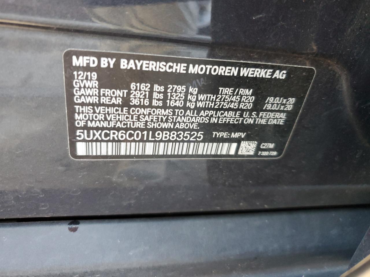 2020 BMW X5 VIN 5UXCR6C01L9B83525 Copart auction photo, side damage thumbnail 13