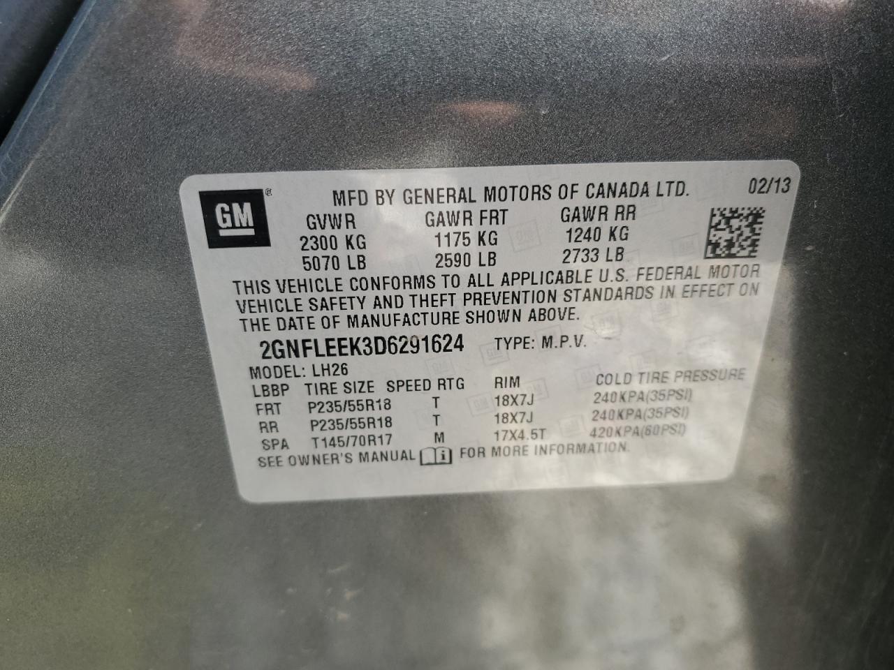 2013 Chevrolet Equinox VIN 2GNFLEEK3D6291624 Copart auction photo, front end damage thumbnail 15