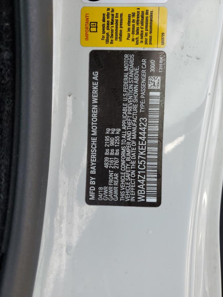 2019 BMW 4er VIN WBA4Z1C57KEE44423 Copart auction photo, all over damage thumbnail 12