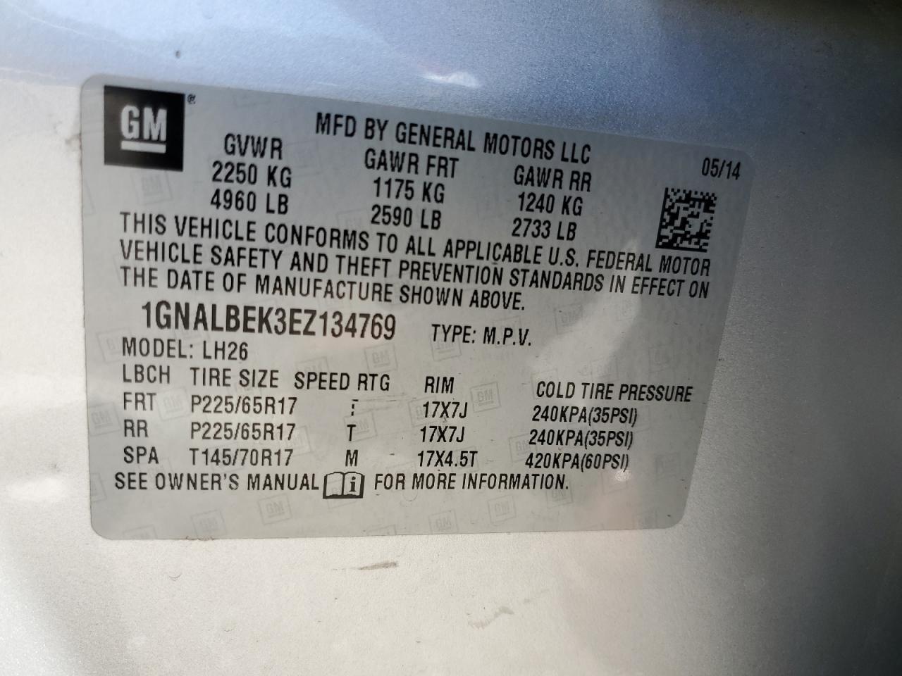 2014 Chevrolet Equinox VIN 1GNALBEK3EZ134769 Copart auction photo, rear end / minor dent/scratches damage thumbnail 15